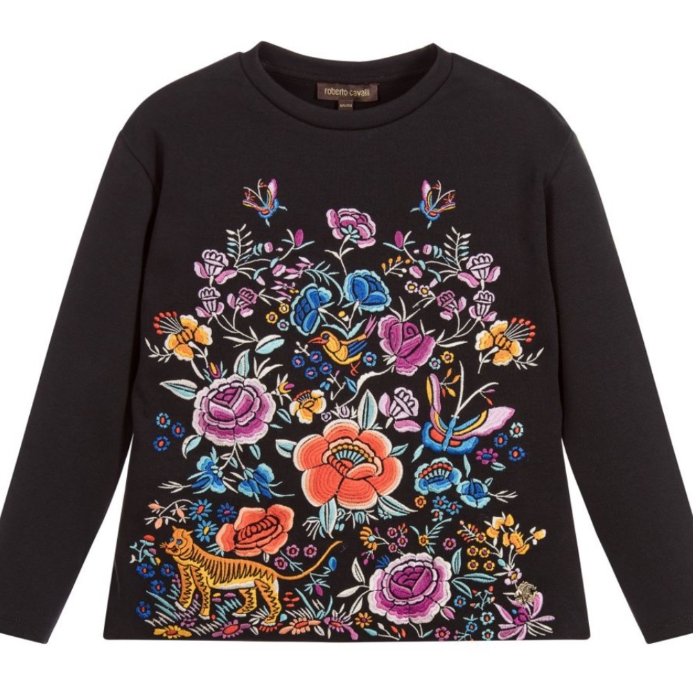 Roberto Cavalli Girls Embroidered Black Top NWT